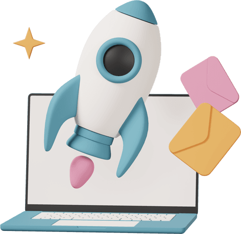 A marketing illustration showing a laptop a rocket and e-mail icons